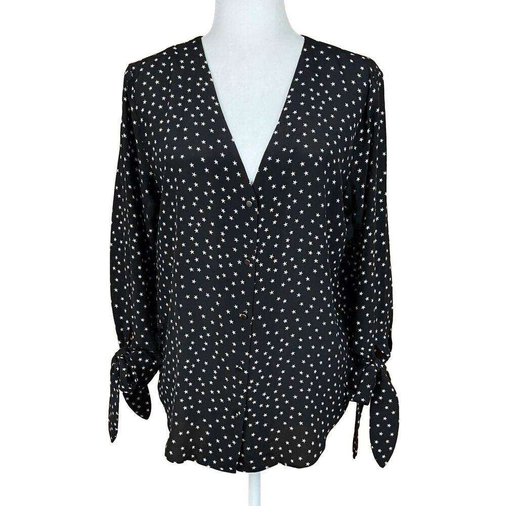 Madewell Tie-Sleeve Silk Blouse Size M Black Scatter Star Print V-Neck Button-up